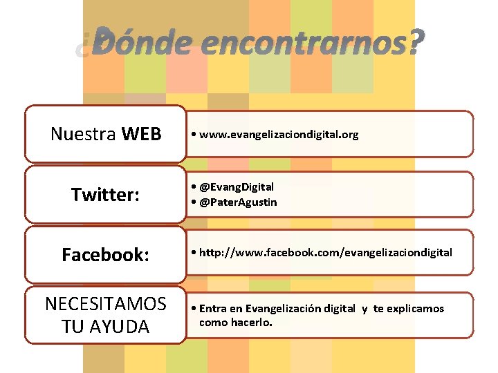 ¿Dónde encontrarnos? Nuestra WEB Twitter: Facebook: NECESITAMOS TU AYUDA • www. evangelizaciondigital. org • ¿Dónde encontrarnos? Nuestra WEB Twitter: Facebook: NECESITAMOS TU AYUDA • www. evangelizaciondigital. org •