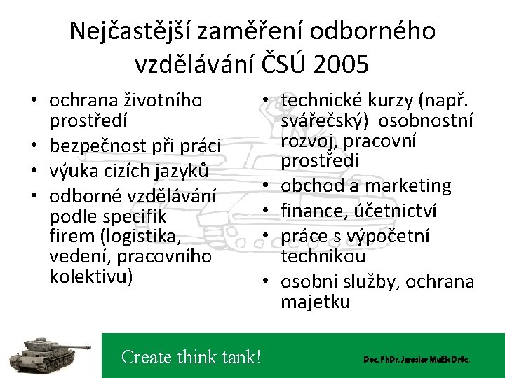 Nejčastější zaměření odborného vzdělávání ČSÚ 2005 • ochrana životního prostředí • bezpečnost při práci