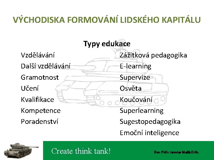 VÝCHODISKA FORMOVÁNÍ LIDSKÉHO KAPITÁLU Typy edukace Vzdělávání Další vzdělávání Gramotnost Učení Kvalifikace Kompetence Poradenství