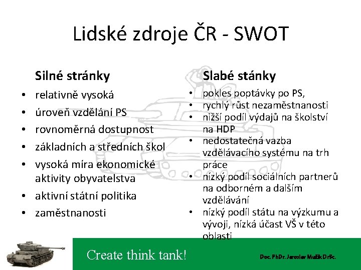 Lidské zdroje ČR - SWOT Silné stránky Slabé stánky relativně vysoká úroveň vzdělání PS