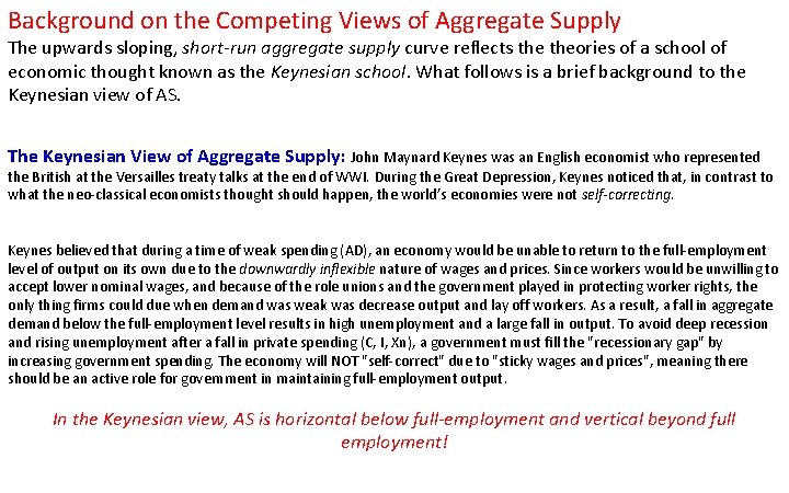 Background on the Competing Views of Aggregate Supply The upwards sloping, short-run aggregate supply