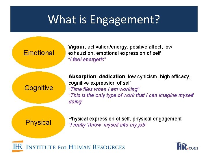 What is Engagement? Emotional Vigour, activation/energy, positive affect, low exhaustion, emotional expression of self What is Engagement? Emotional Vigour, activation/energy, positive affect, low exhaustion, emotional expression of self