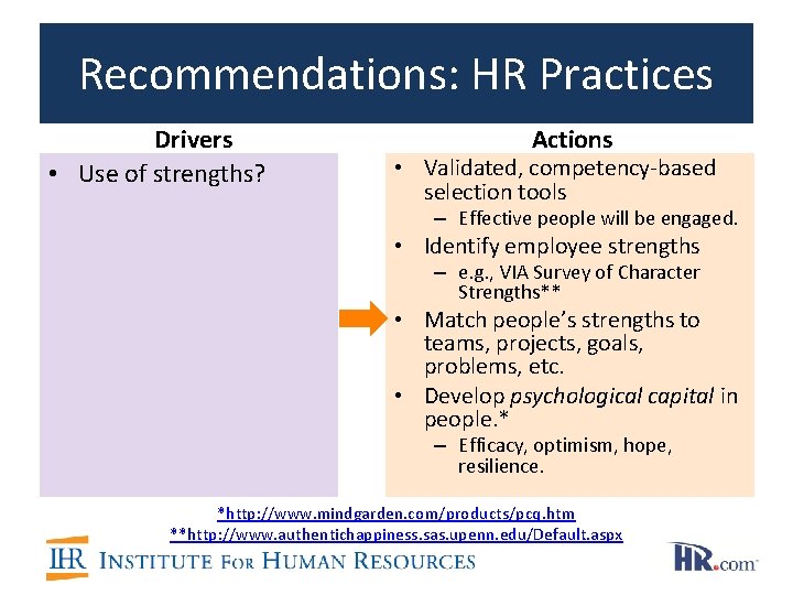 Recommendations: HR Practices Drivers • Use of strengths? Actions • Validated, competency-based selection tools Recommendations: HR Practices Drivers • Use of strengths? Actions • Validated, competency-based selection tools