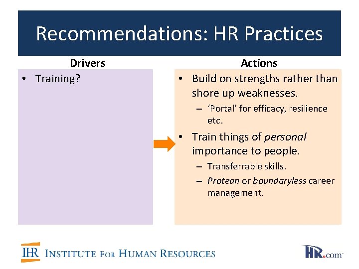 Recommendations: HR Practices Drivers • Training? Actions • Build on strengths rather than shore Recommendations: HR Practices Drivers • Training? Actions • Build on strengths rather than shore