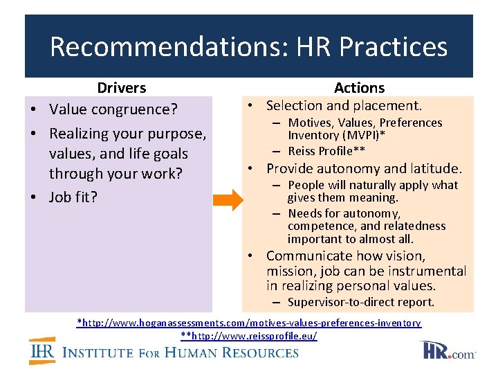 Recommendations: HR Practices Drivers • Value congruence? • Realizing your purpose, values, and life Recommendations: HR Practices Drivers • Value congruence? • Realizing your purpose, values, and life