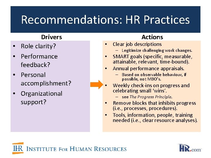 Recommendations: HR Practices • • Drivers Role clarity? Performance feedback? Personal accomplishment? Organizational support? Recommendations: HR Practices • • Drivers Role clarity? Performance feedback? Personal accomplishment? Organizational support?