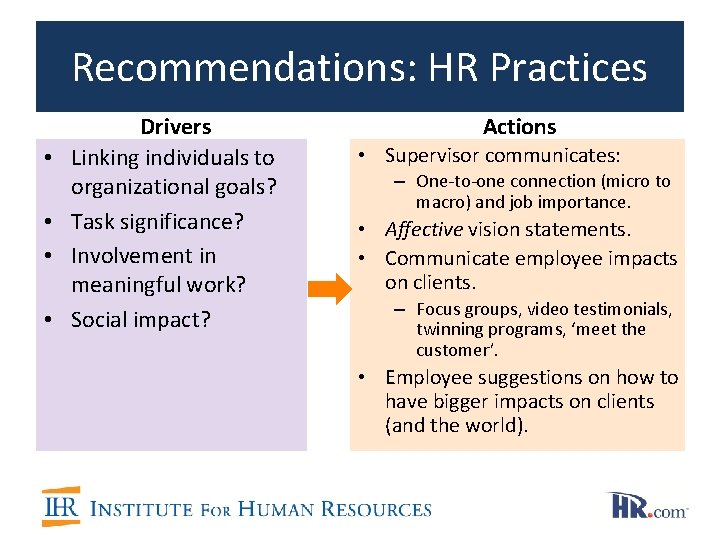 Recommendations: HR Practices • • Drivers Linking individuals to organizational goals? Task significance? Involvement Recommendations: HR Practices • • Drivers Linking individuals to organizational goals? Task significance? Involvement