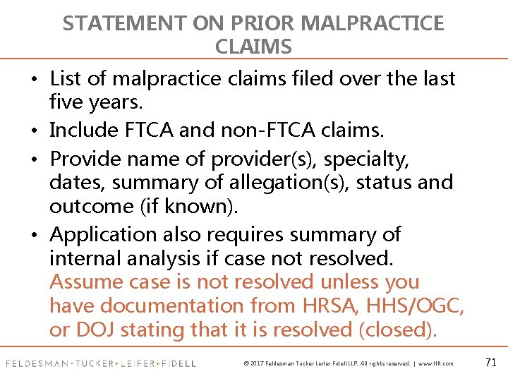 STATEMENT ON PRIOR MALPRACTICE CLAIMS • List of malpractice claims filed over the last