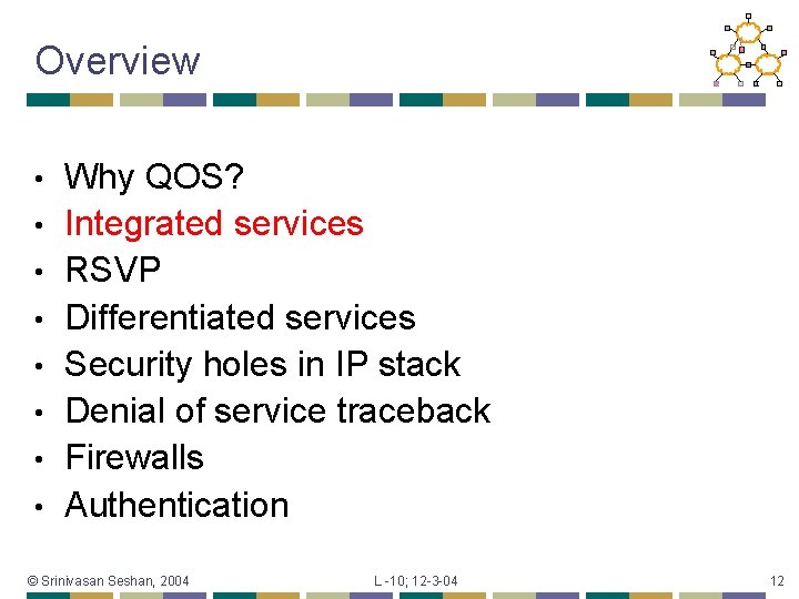 Overview • • Why QOS? Integrated services RSVP Differentiated services Security holes in IP