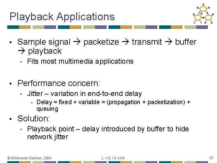 Playback Applications • Sample signal packetize transmit buffer playback • • Fits most multimedia