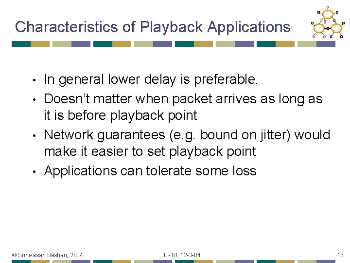 Characteristics of Playback Applications • • In general lower delay is preferable. Doesn’t matter