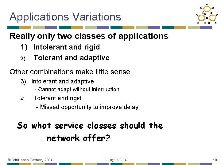 Applications Variations Really only two classes of applications 1) Intolerant and rigid 2) Tolerant