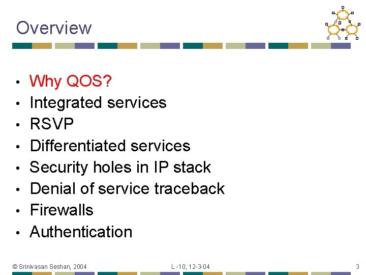 Overview • • Why QOS? Integrated services RSVP Differentiated services Security holes in IP