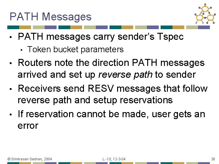 PATH Messages • PATH messages carry sender’s Tspec • Token bucket parameters Routers note