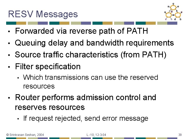 RESV Messages Forwarded via reverse path of PATH • Queuing delay and bandwidth requirements