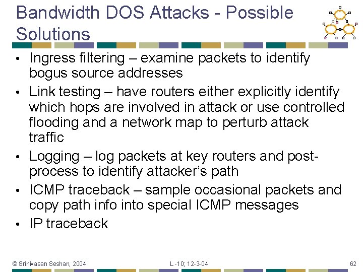 Bandwidth DOS Attacks - Possible Solutions • • • Ingress filtering – examine packets