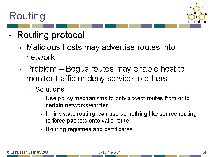 Routing • Routing protocol • • Malicious hosts may advertise routes into network Problem