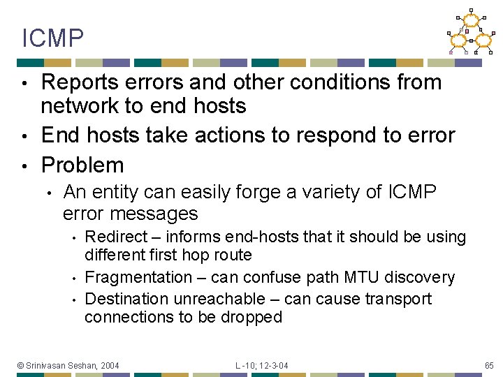 ICMP Reports errors and other conditions from network to end hosts • End hosts