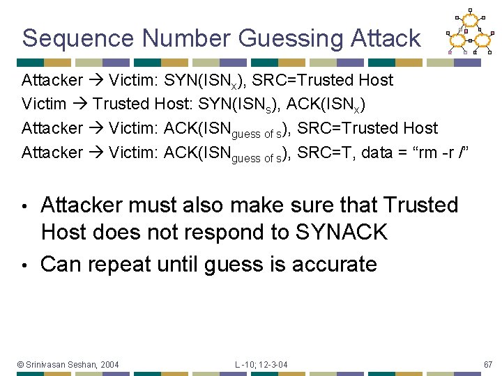 Sequence Number Guessing Attacker Victim: SYN(ISNx), SRC=Trusted Host Victim Trusted Host: SYN(ISNs), ACK(ISNx) Attacker