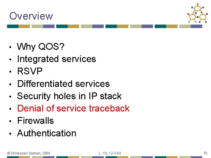 Overview • • Why QOS? Integrated services RSVP Differentiated services Security holes in IP