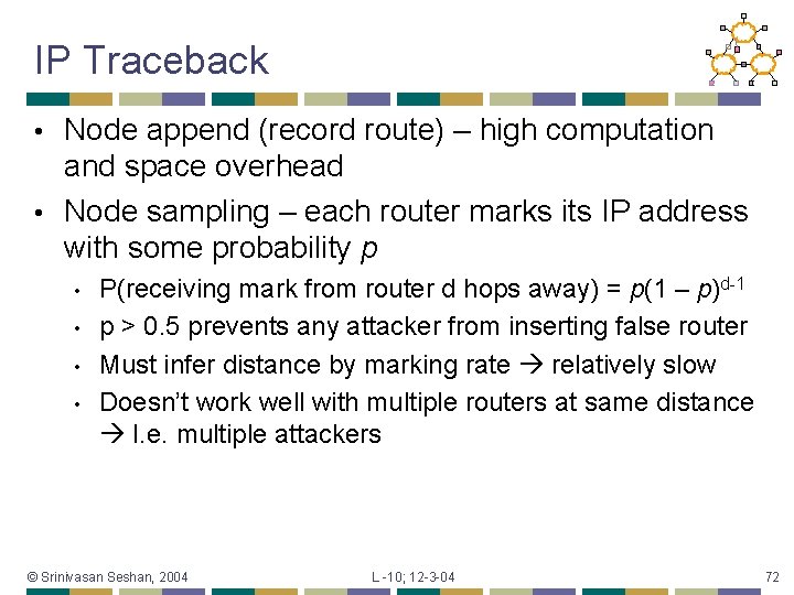 IP Traceback Node append (record route) – high computation and space overhead • Node