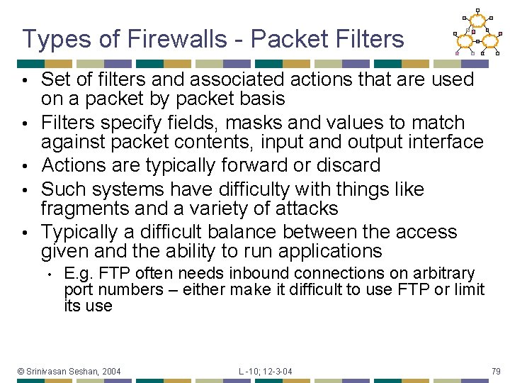 Types of Firewalls - Packet Filters • • • Set of filters and associated