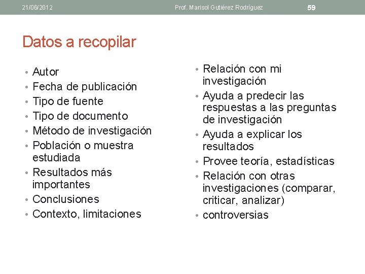 21/06/2012 Prof. Marisol Gutiérez Rodríguez 59 Datos a recopilar • Autor • Fecha de