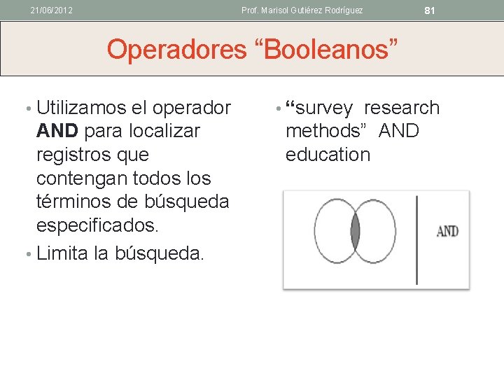 21/06/2012 Prof. Marisol Gutiérez Rodríguez 81 Operadores “Booleanos” • Utilizamos el operador AND para