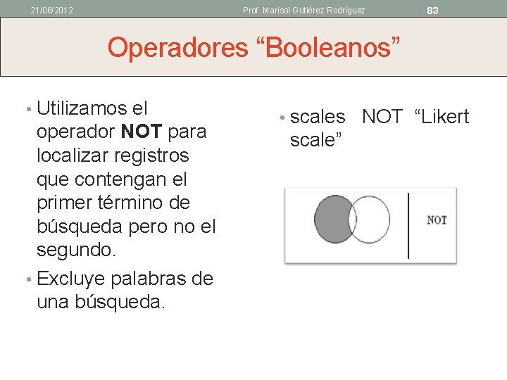 21/06/2012 Prof. Marisol Gutiérez Rodríguez 83 Operadores “Booleanos” • Utilizamos el operador NOT para