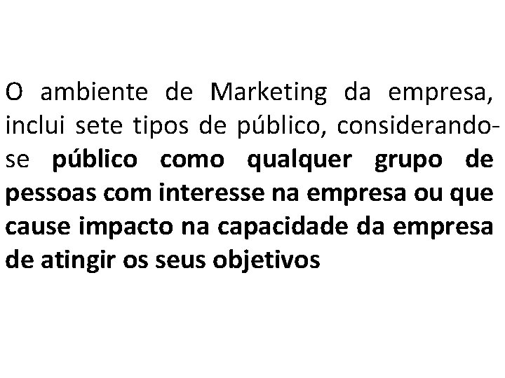 O ambiente de Marketing da empresa, inclui sete tipos de público, considerandose público como O ambiente de Marketing da empresa, inclui sete tipos de público, considerandose público como