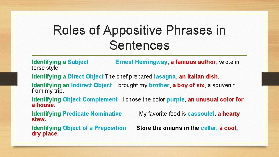 Roles of Appositive Phrases in Sentences Identifying a Subject Ernest Hemingway, a famous author,