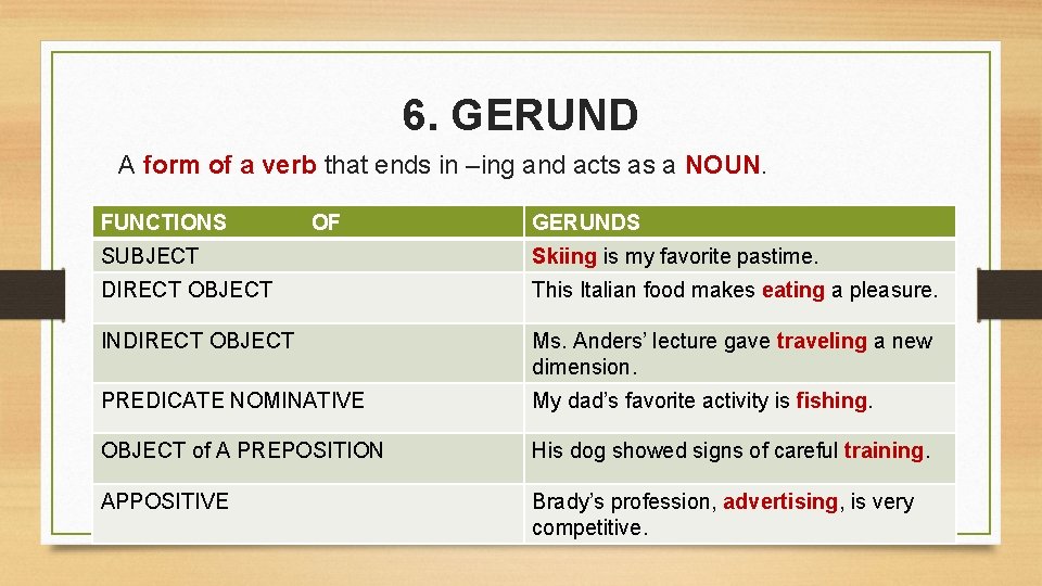 6. GERUND A form of a verb that ends in –ing and acts as