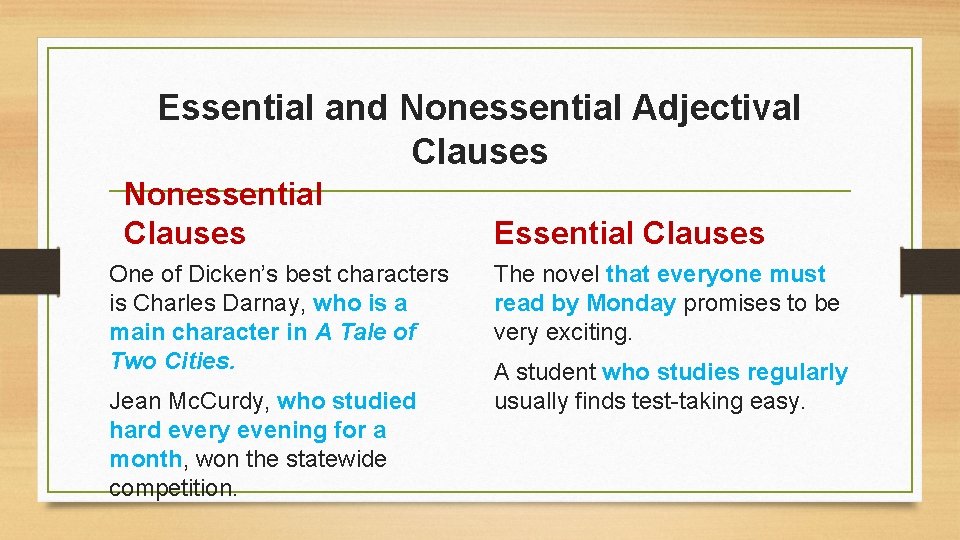 Essential and Nonessential Adjectival Clauses Nonessential Clauses One of Dicken’s best characters is Charles
