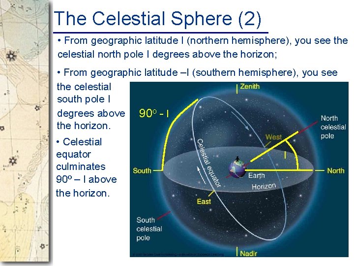 The Celestial Sphere (2) • From geographic latitude l (northern hemisphere), you see the