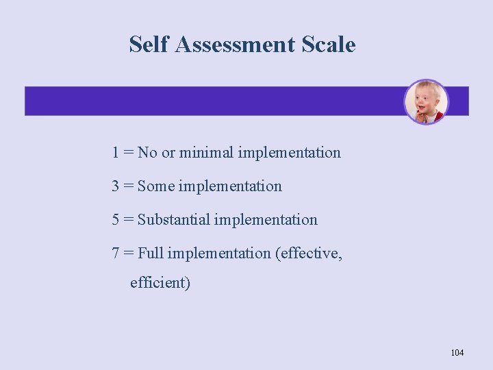 Self Assessment Scale 1 = No or minimal implementation 3 = Some implementation 5