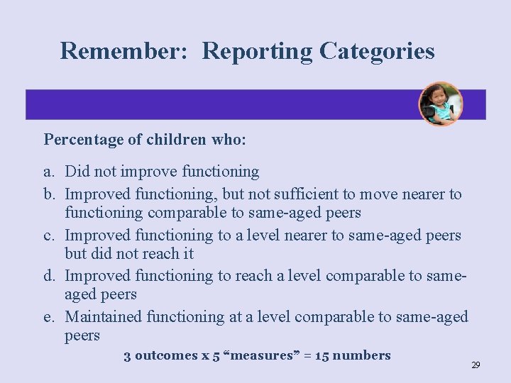 Remember: Reporting Categories Percentage of children who: a. Did not improve functioning b. Improved
