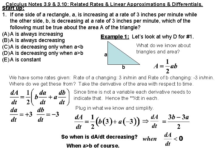 Calculus Notes 3. 9 & 3. 10: Related Rates & Linear Approximations & Differentials.