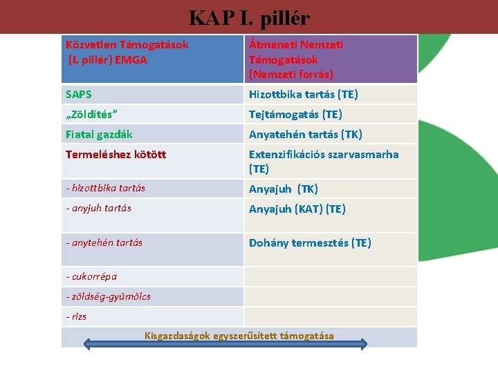 KAP I. pillér Közvetlen Támogatások (I. pillér) EMGA Átmeneti Nemzeti Támogatások (Nemzeti forrás) SAPS