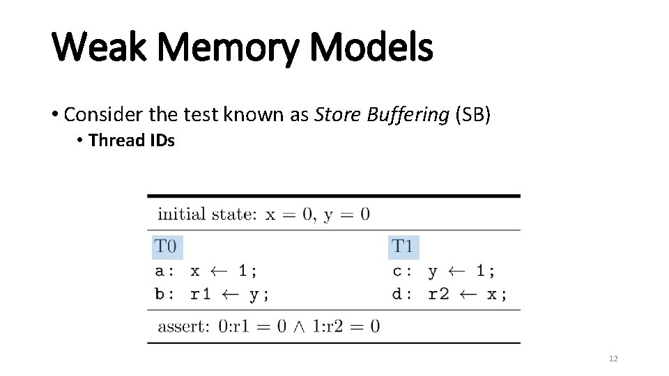 Weak Memory Models • Consider the test known as Store Buffering (SB) • Thread