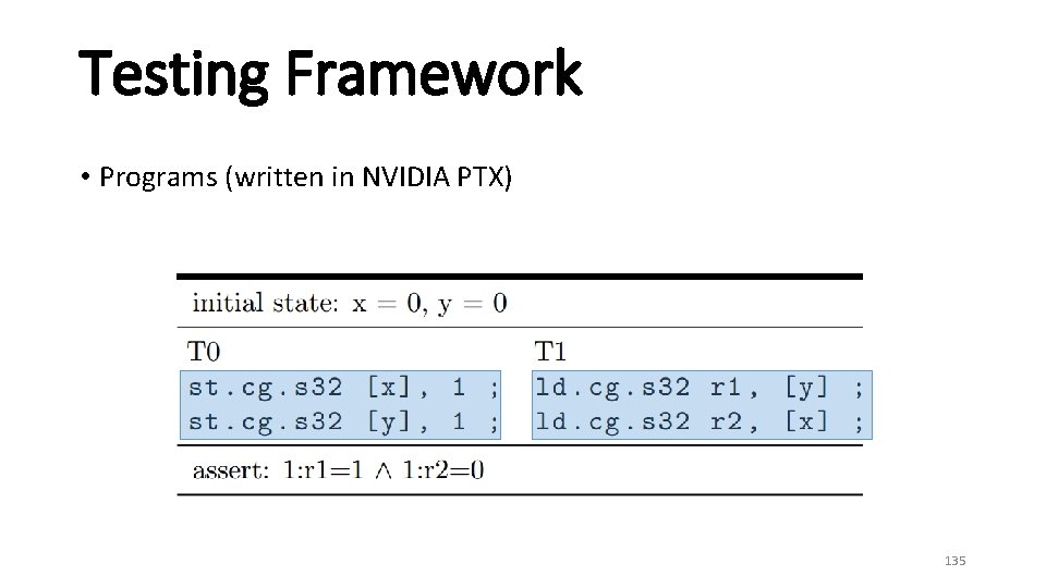 Testing Framework • Programs (written in NVIDIA PTX) 135 