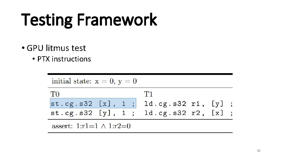 Testing Framework • GPU litmus test • PTX instructions 34 