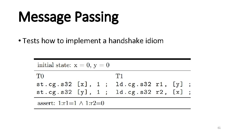 Message Passing • Tests how to implement a handshake idiom 61 