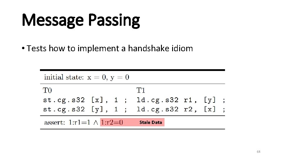 Message Passing • Tests how to implement a handshake idiom Stale Data 64 