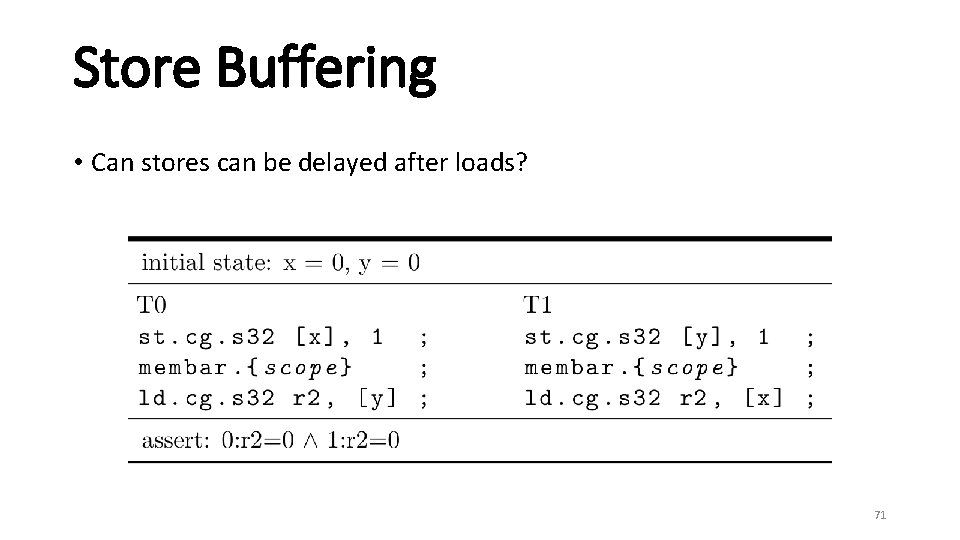 Store Buffering • Can stores can be delayed after loads? 71 