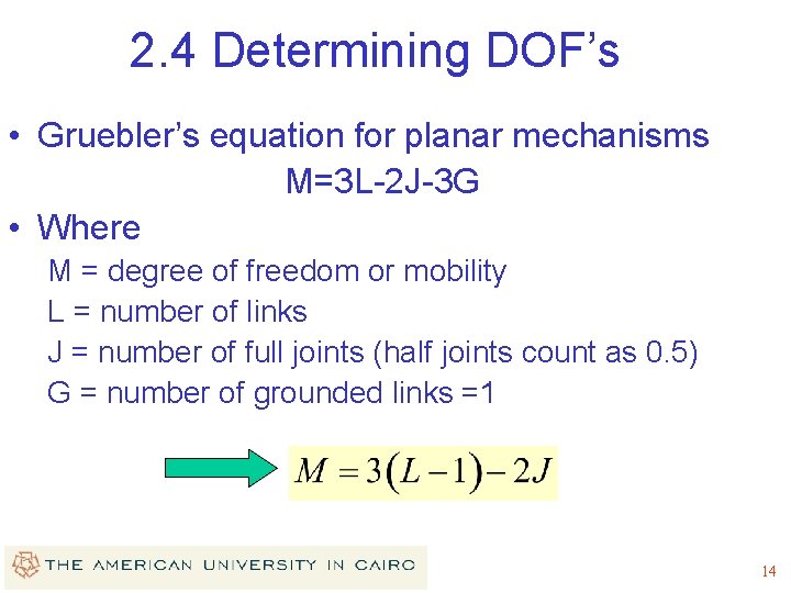 2. 4 Determining DOF’s • Gruebler’s equation for planar mechanisms M=3 L-2 J-3 G 2. 4 Determining DOF’s • Gruebler’s equation for planar mechanisms M=3 L-2 J-3 G