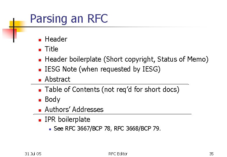 Parsing an RFC n n n n n Header Title Header boilerplate (Short copyright,