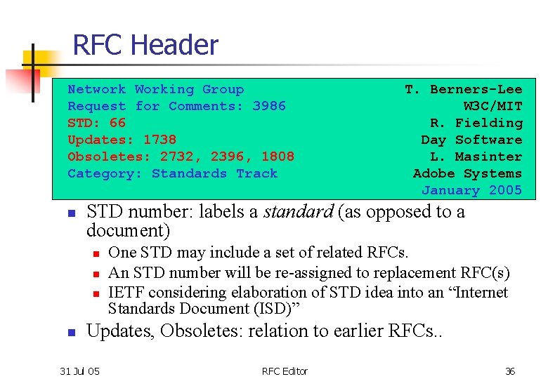 RFC Header Network Working Group Request for Comments: 3986 STD: 66 Updates: 1738 Obsoletes: