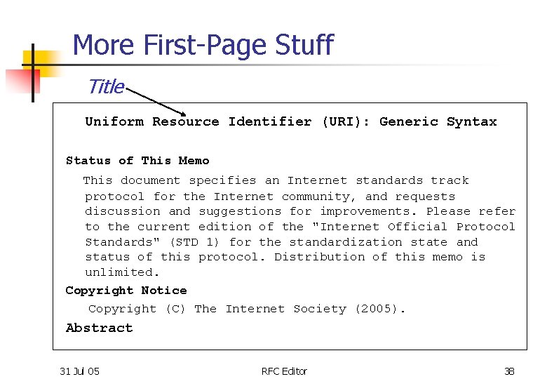 More First-Page Stuff Title Uniform Resource Identifier (URI): Generic Syntax Status of This Memo