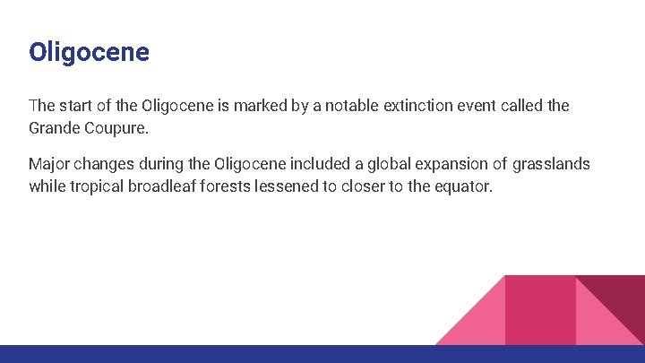 Oligocene The start of the Oligocene is marked by a notable extinction event called