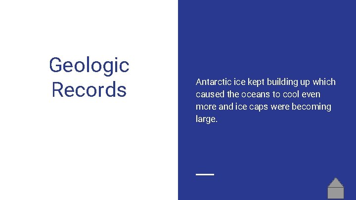 Geologic Records Antarctic ice kept building up which caused the oceans to cool even